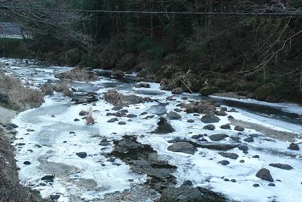 袋田の滝へ向かう途中の滝川も凍結しているのです。（滝見橋から）