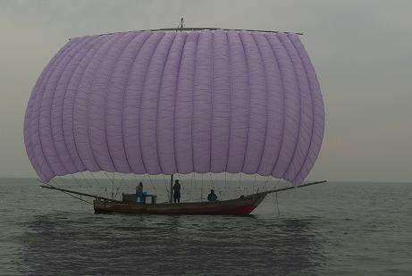 紫色帆引き船の背中